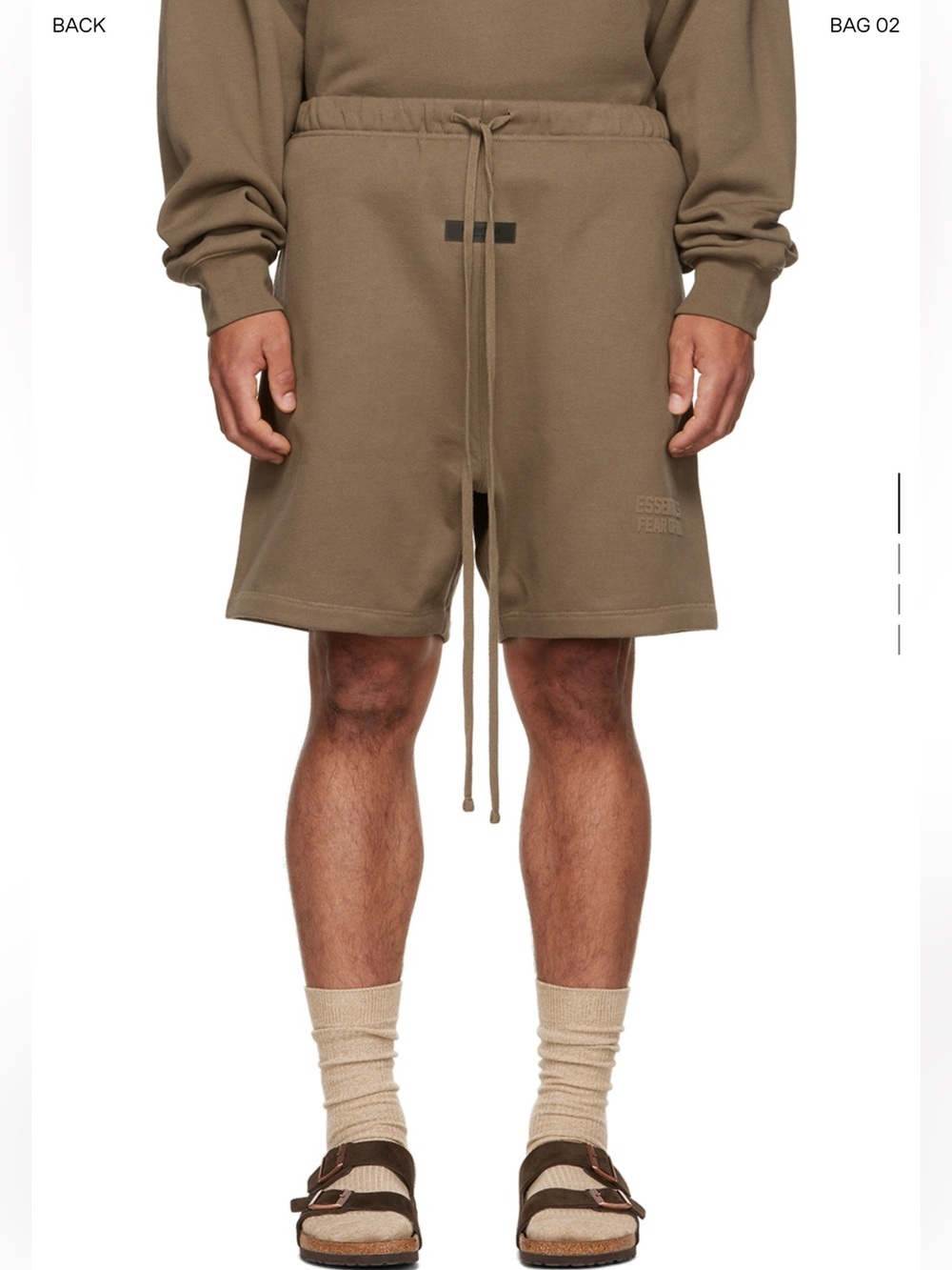 FEAR OF GOD ESSENTIALS
Brown Flocked Shorts
 Men’s Tan Fleece Athletic Shorts